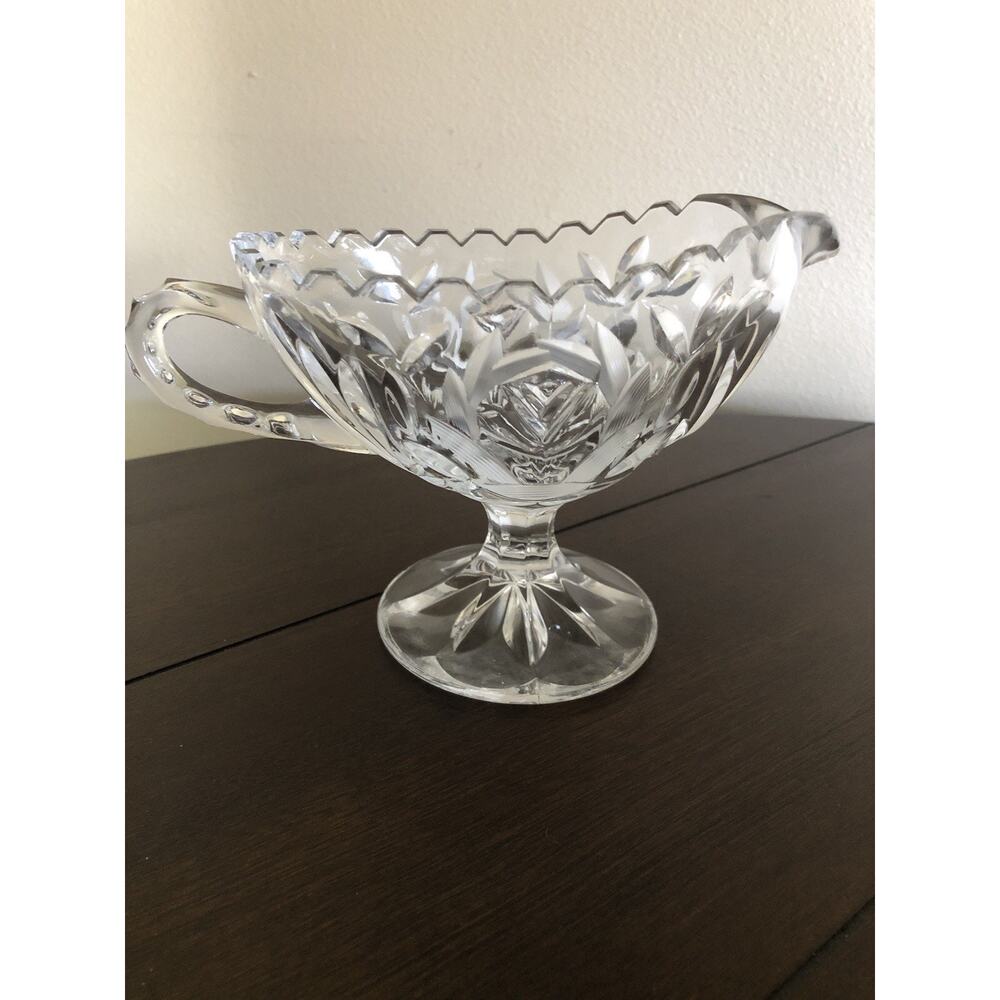 1970s West Germany Lead Crystal Saw-tooth Wheel Etched Laurel Wreath Gravy Boat
